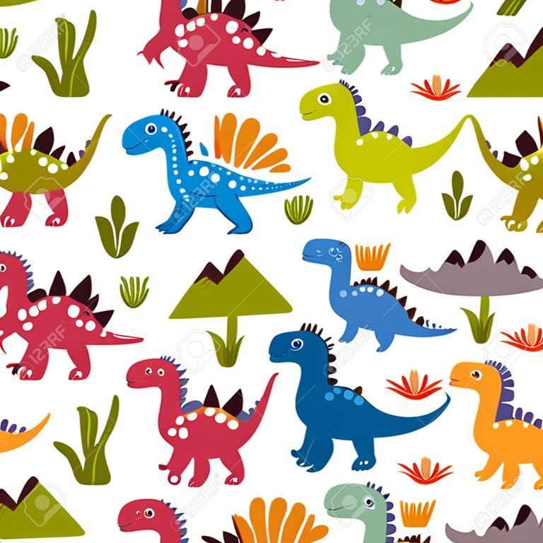 귀여운 공룡 원활한 패턴입니다. 직물 및 섬유, 배경 화면, 웹 페이지 배경, 카드 및 배너 디자인을위한 좋은 유치한 스타일에서 벡터 텍스처