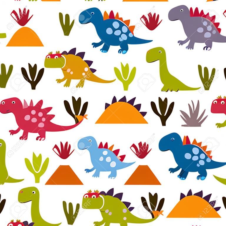 Sevimli dinozor sorunsuz desen. kumaş ve tekstil, duvar kağıtları, web sayfası arka planlar, kart ve afiş tasarımı için büyük çocuksu tarzı vektör doku