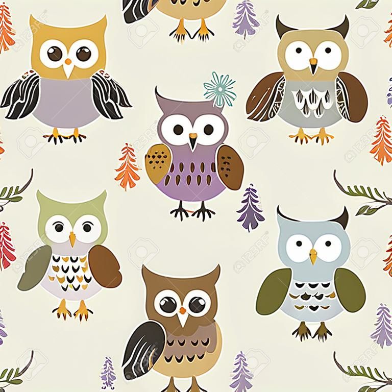Cute owls seamless pattern. Vector texture in childish style great for fabric and textile, wallpapers, web page backgrounds, cards and banners design