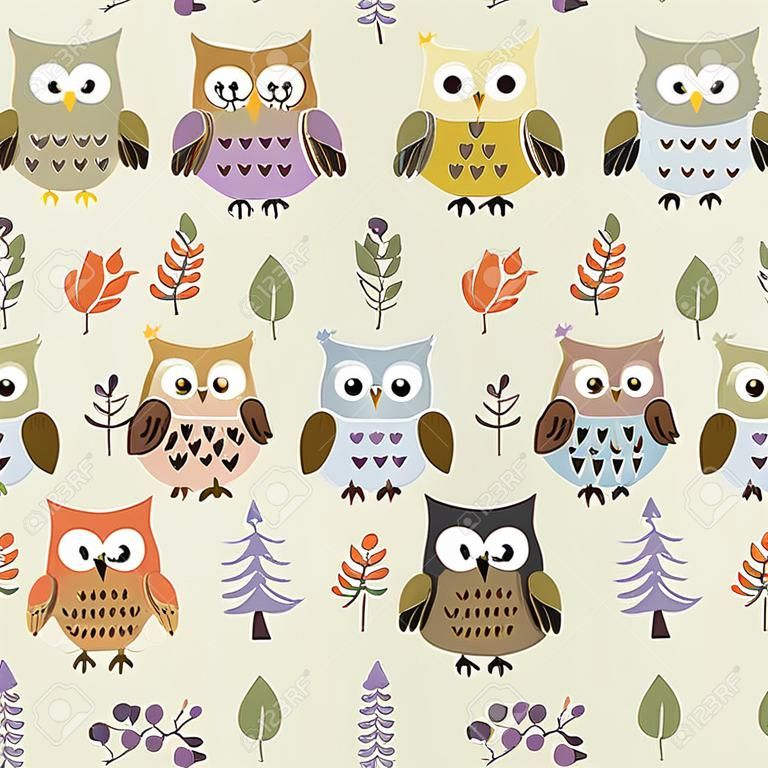 Cute owls seamless pattern. Vector texture in childish style great for fabric and textile, wallpapers, web page backgrounds, cards and banners design