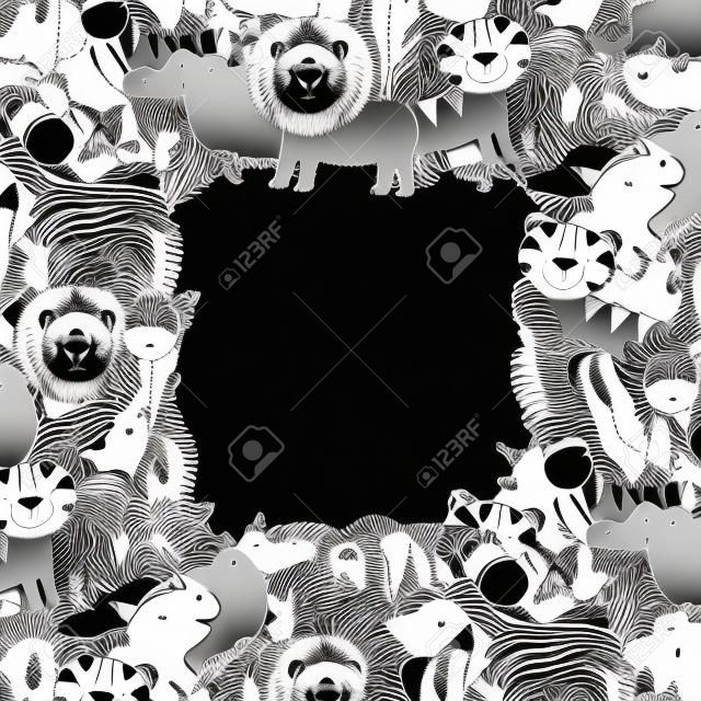 Czarno-biały szablon ramki ze zwierzętami safari