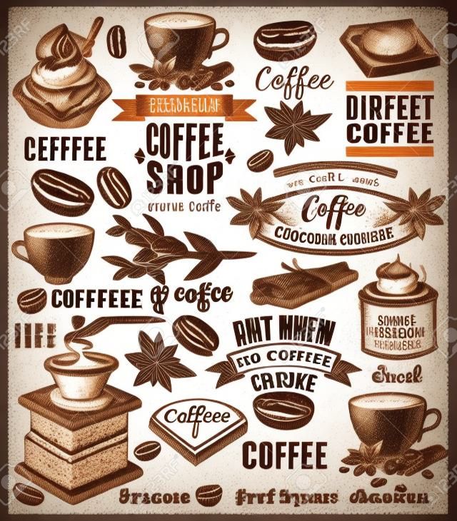 Set Of Vintage Retro Coffee Labels. Dessert cake, cupcake, chocolate decoration collection of calligraphic and typographic element styled design, frame, objects. Vector. Craft paper background