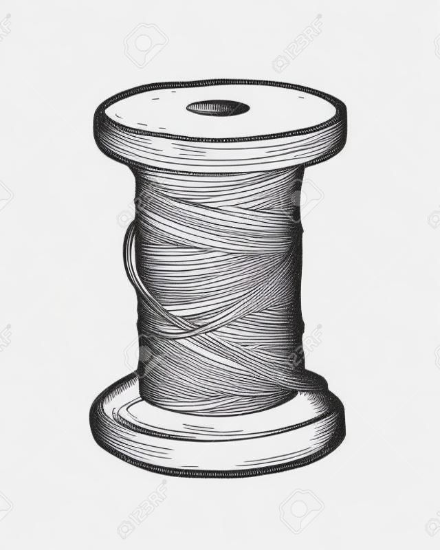 Spool of thread vector isolated illustration. Hand drawn doodle sketch sewing tool.