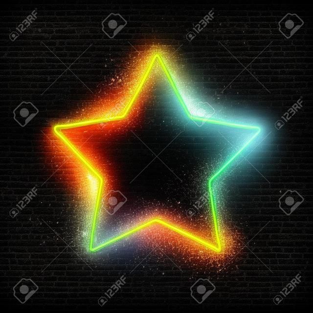 Stars background on black brick wall. Realistic isolated neon sign with particles sparkle light flash explosion for decoration and covering on dark background. 3d glowing 80s style illustration