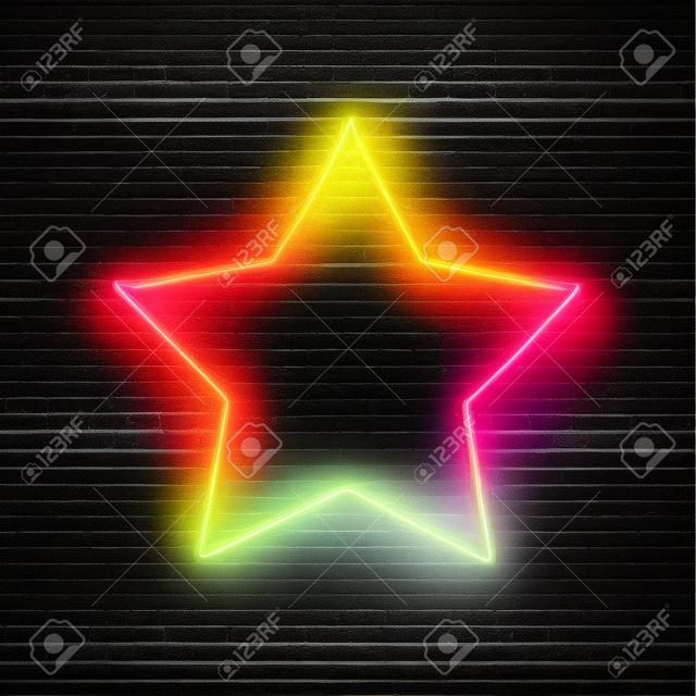 Stars background on black brick wall. Realistic isolated neon sign with particles sparkle light flash explosion for decoration and covering on dark background. 3d glowing 80s style illustration