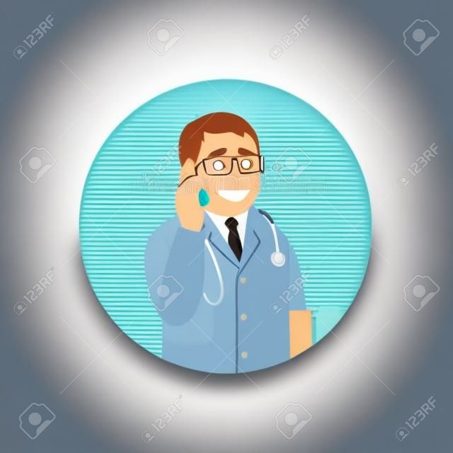 Mobile phone medical consultation circle icon. Telemedicine concept. Male Caucasian doctor prescribes treatment. Therapist using smartphone to call patient. Medical care service vector illustration.