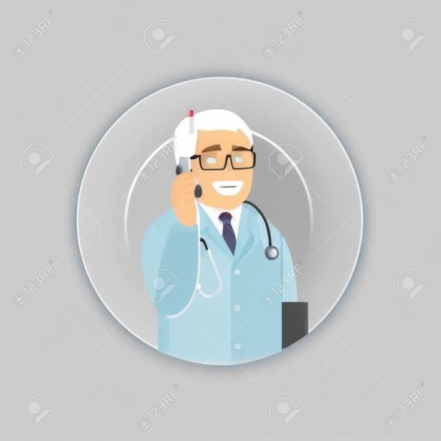 Mobile phone medical consultation circle icon. Telemedicine concept. Male Caucasian doctor prescribes treatment. Therapist using smartphone to call patient. Medical care service vector illustration.