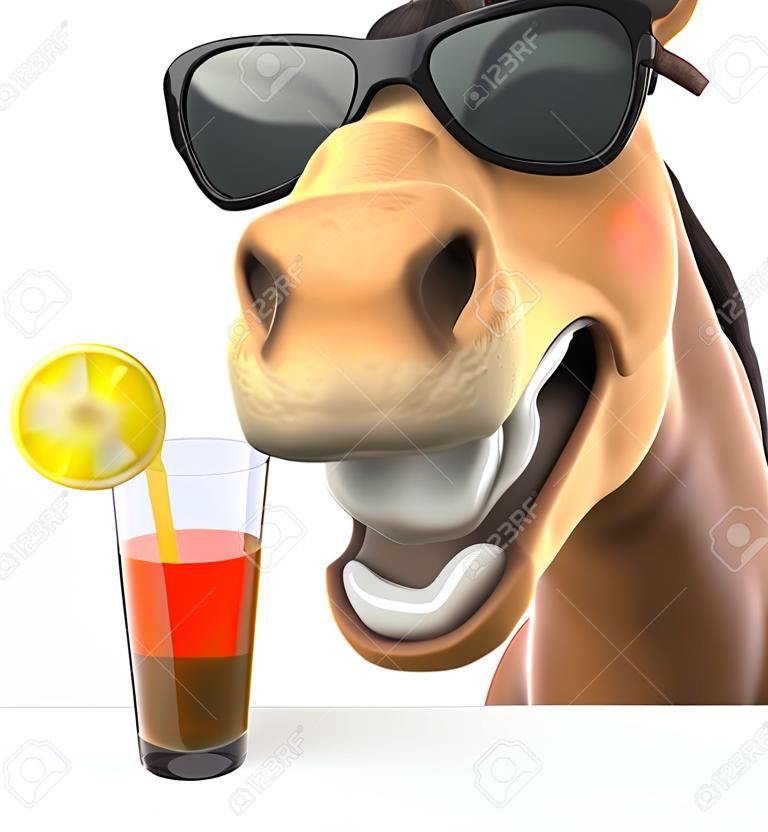 Мультяшный конь с солнечными очками, выпивая стакан сока