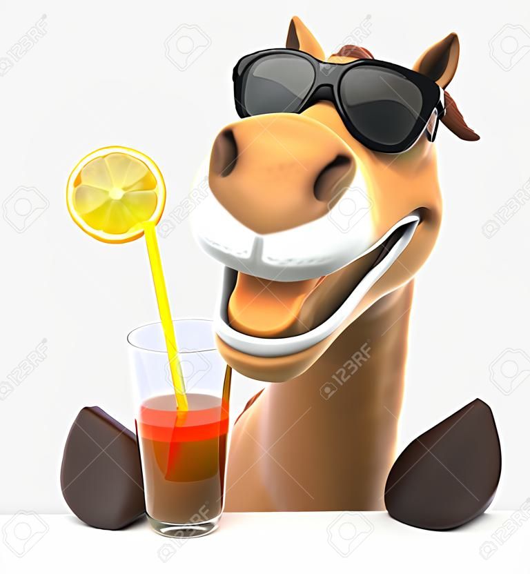 Cartoon horse with sunglasses drinking a glass of juice