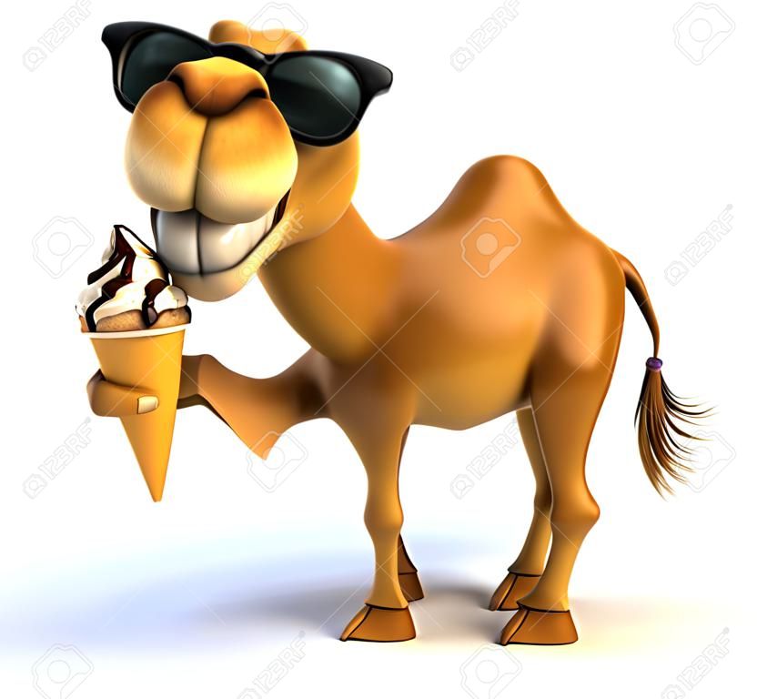 Dessin animé chameau avec des lunettes de soleil et de la crème glacée