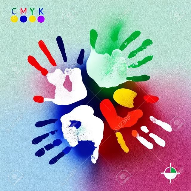 Hand print. Four color ink for printing. Hand prints of different colors - vector symbol CMYK