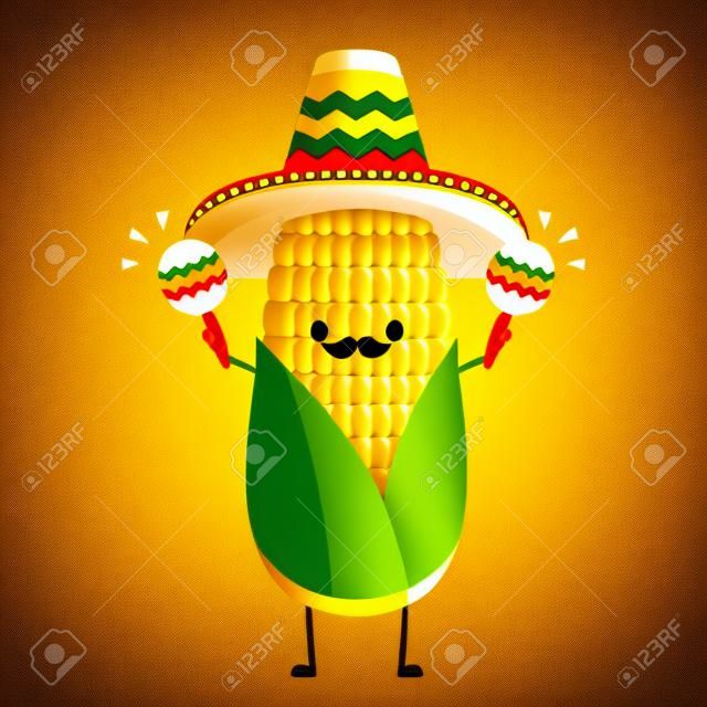 Corn in a Mexican hat. Corn vector. Corn character design. Corn vector on white background.