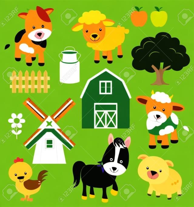 Ilustración vectorial de los animales de granja y artículos relacionados