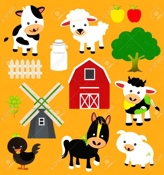 Vektor-Illustration von Nutztieren und zugehörige Artikel