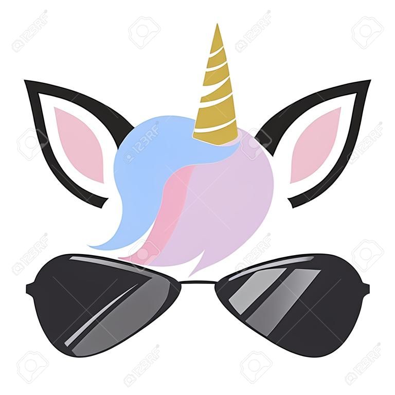 Vector illustration of cute unicorn face wearing sunglasses.