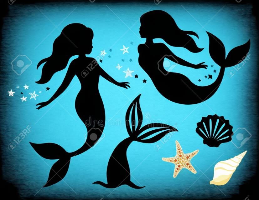 Silueta de sirenas nadando, cola de sirena, conchas y estrellas de mar ilustración vectorial.