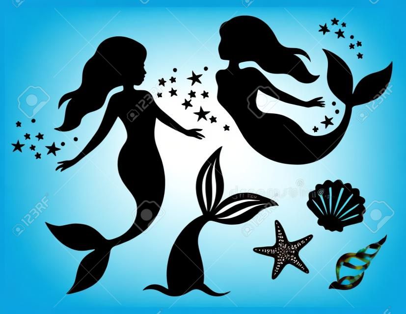 Silueta de sirenas nadando, cola de sirena, conchas y estrellas de mar ilustración vectorial.