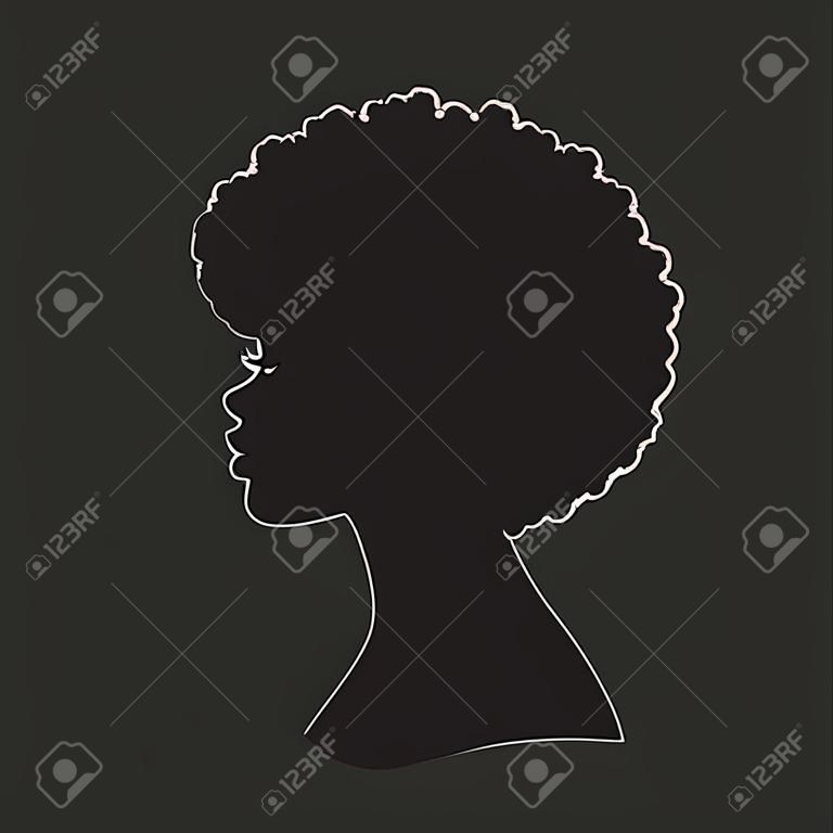아프로 머리 실루엣으로 흑인 여성의 벡터 그림. 자연적인 머리를 가진 아프리카 계 미국인 여자의 측면보기.