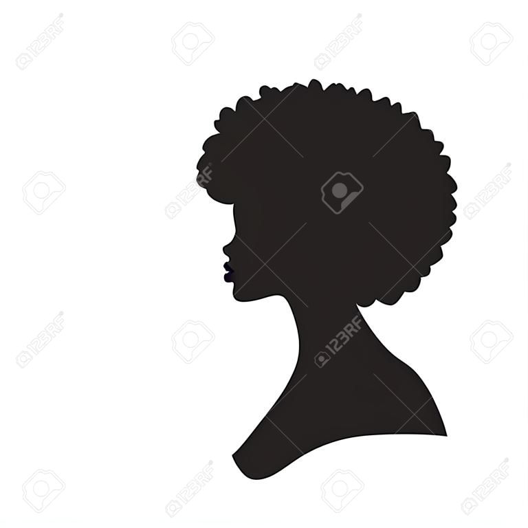 Illustrazione vettoriale di donna nera con silhouette di capelli afro. Vista laterale della donna afroamericana con capelli naturali.