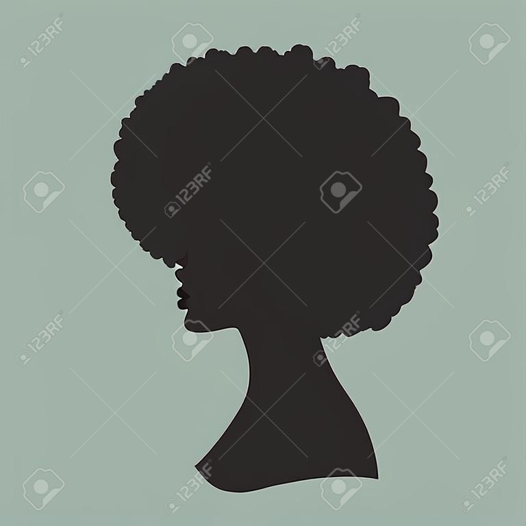 Vektorillustration der schwarzen Frau mit Afro-Haarschattenbild. Seitenansicht der Afroamerikanerin mit natürlichem Haar.