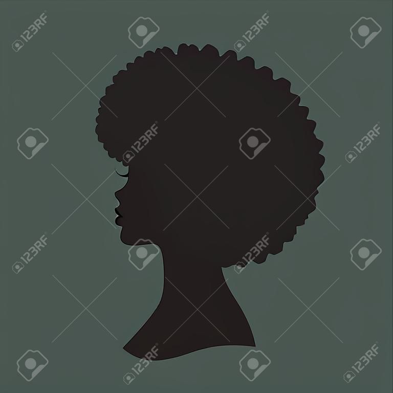 Ilustração vetorial de mulher negra com silhueta de cabelo afro. Vista lateral da mulher afro-americana com cabelo natural.