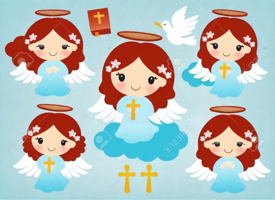 Cute little girl chrzest aniołów modląc się i trzymając krzyż ilustracji wektorowych.