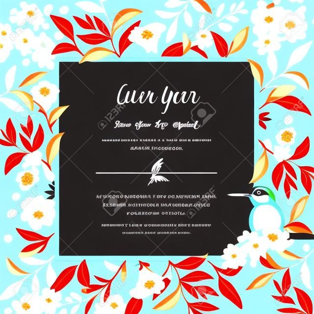 Ilustração vetorial com um pássaro bonito em um ramo floral na primavera para casamento, aniversário, aniversário e festa. Design para banner, cartaz, cartão, convite e scrapbook