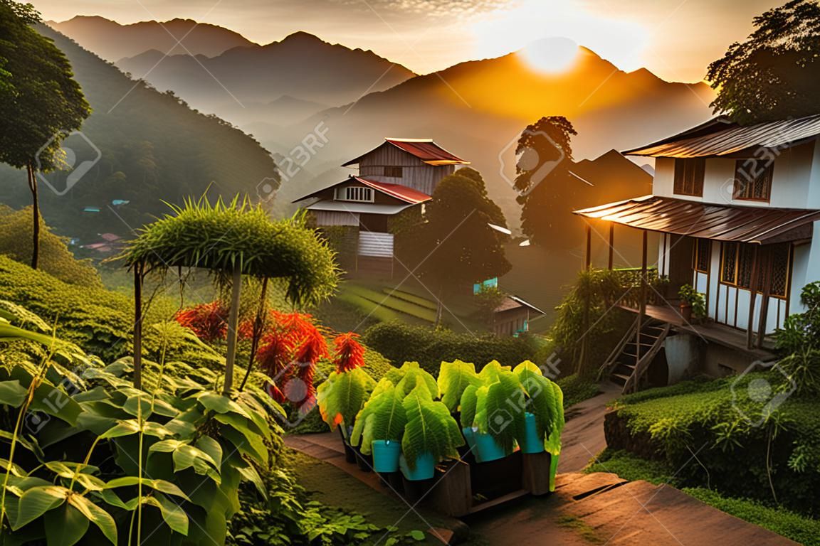 Village in the mountains at sunrise,Thailand,Asia.