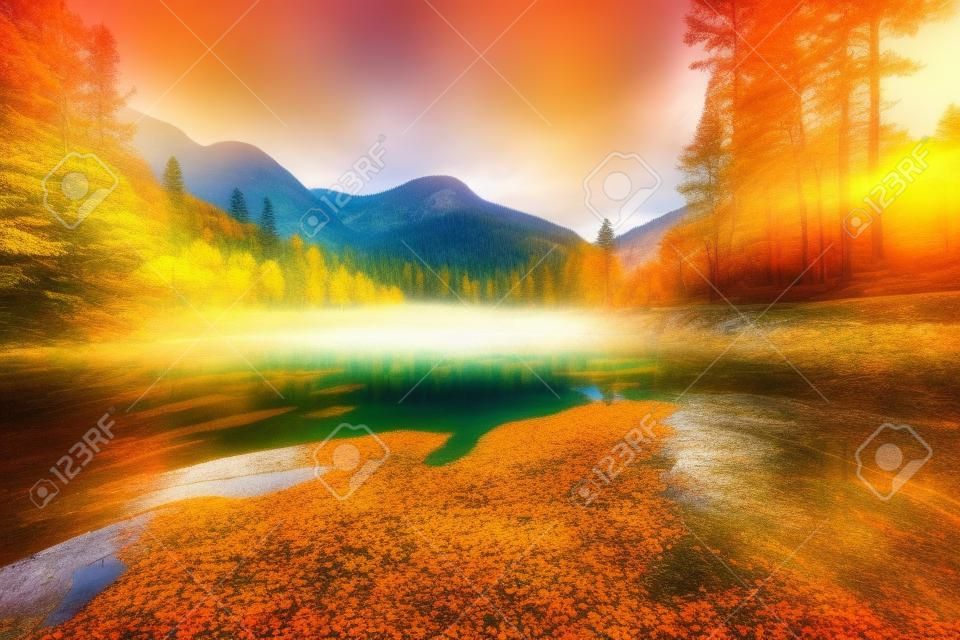 Bela paisagem de outono com lago de montanha e floresta em dia ensolarado