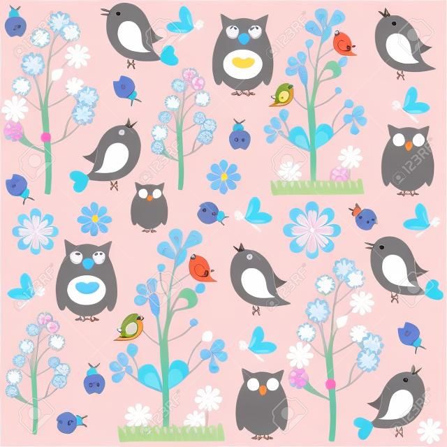 Cute kids cartoon with flowers and birds