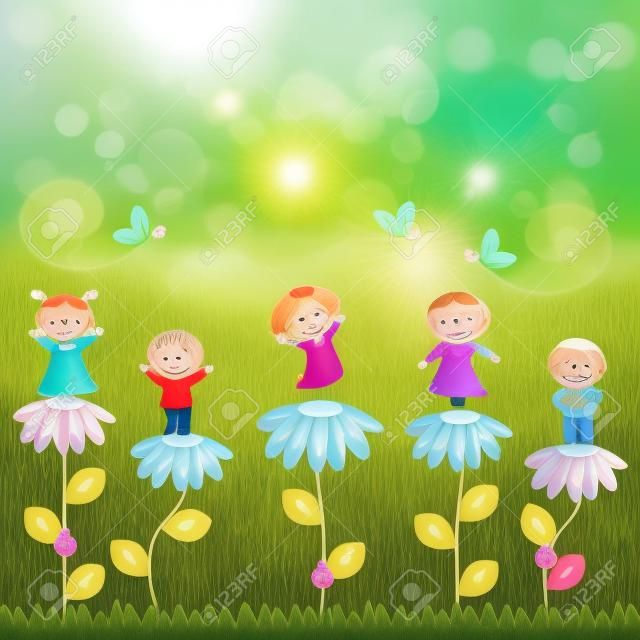 Малый и улыбки детей с цветами в саду