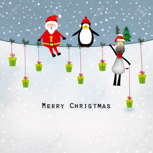 Santa, ren geyiği ve penguen ile sevimli yılbaşı kartı