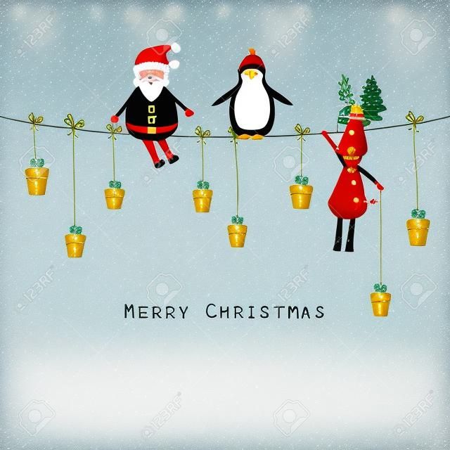 Słodkie Boże Narodzenie karty z Santa, reniferów i pingwina