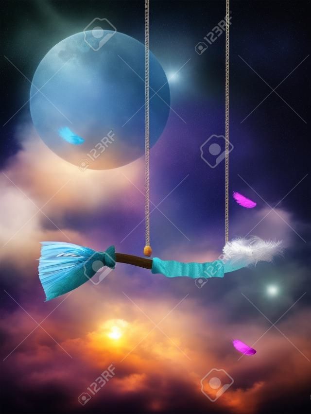 fantasy swing in the sky with feathers and nest