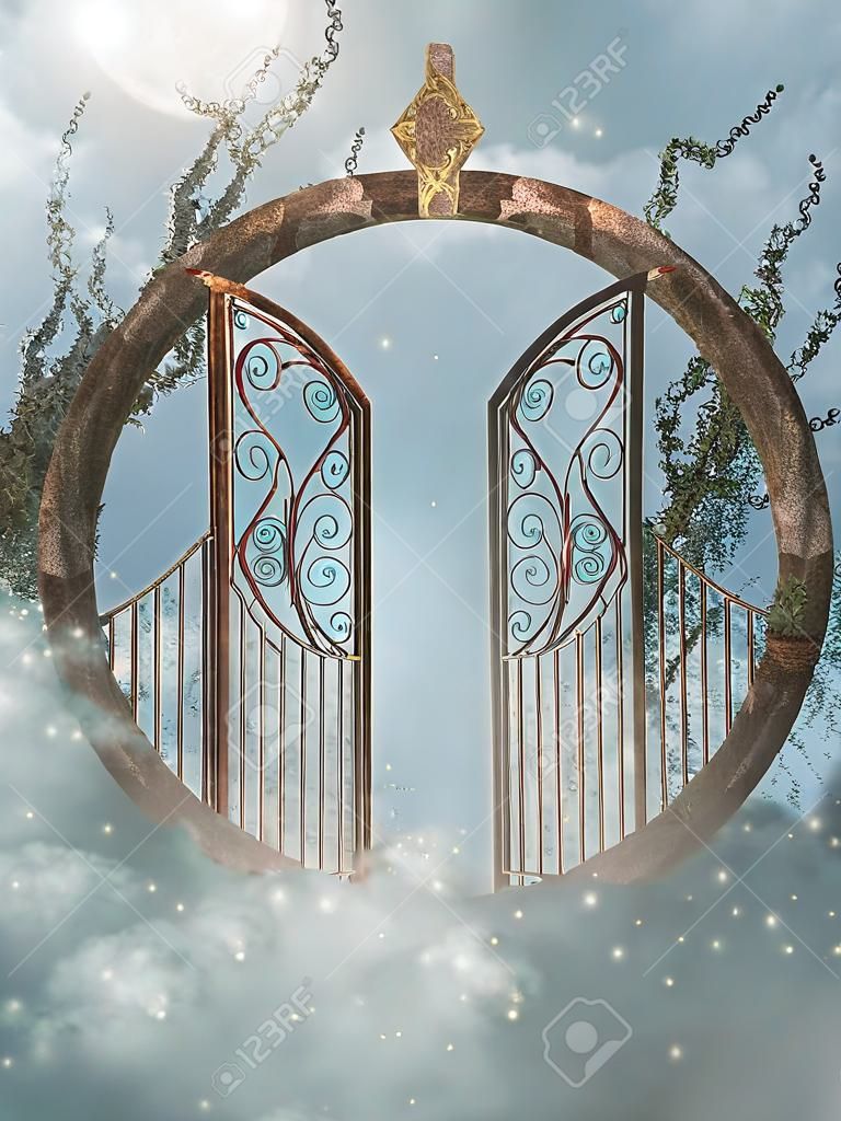 Paesaggio di fantasia nel cielo con cancello