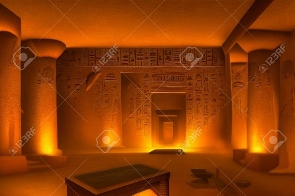 Room interior of the Giza pyramid. Forbidden Egyptian hall concept art. Wallpaper background featuring Egypt grave interiors inside pyramids. Hieroglyphs on walls in pyramid tomb illustration.