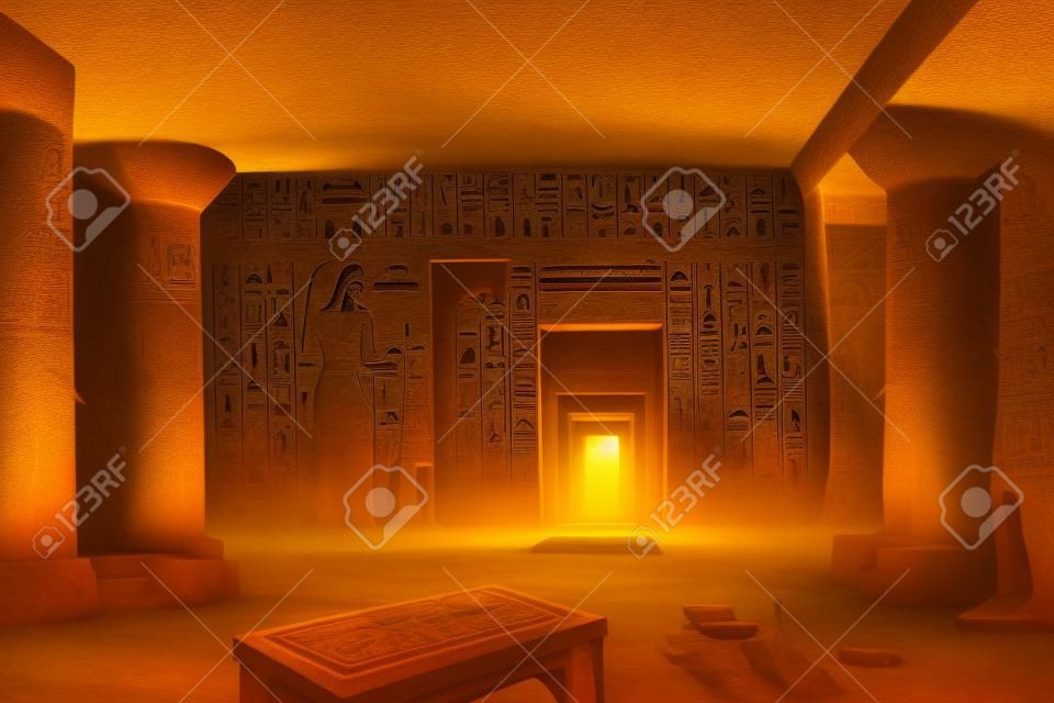 Wnętrze pokoju piramidy w gizie. zakazana sztuka koncepcyjna sali egipskiej. tło tapety przedstawiające wnętrza egipskich grobów wewnątrz piramid. hieroglify na ścianach w ilustracji grobowca piramidy.