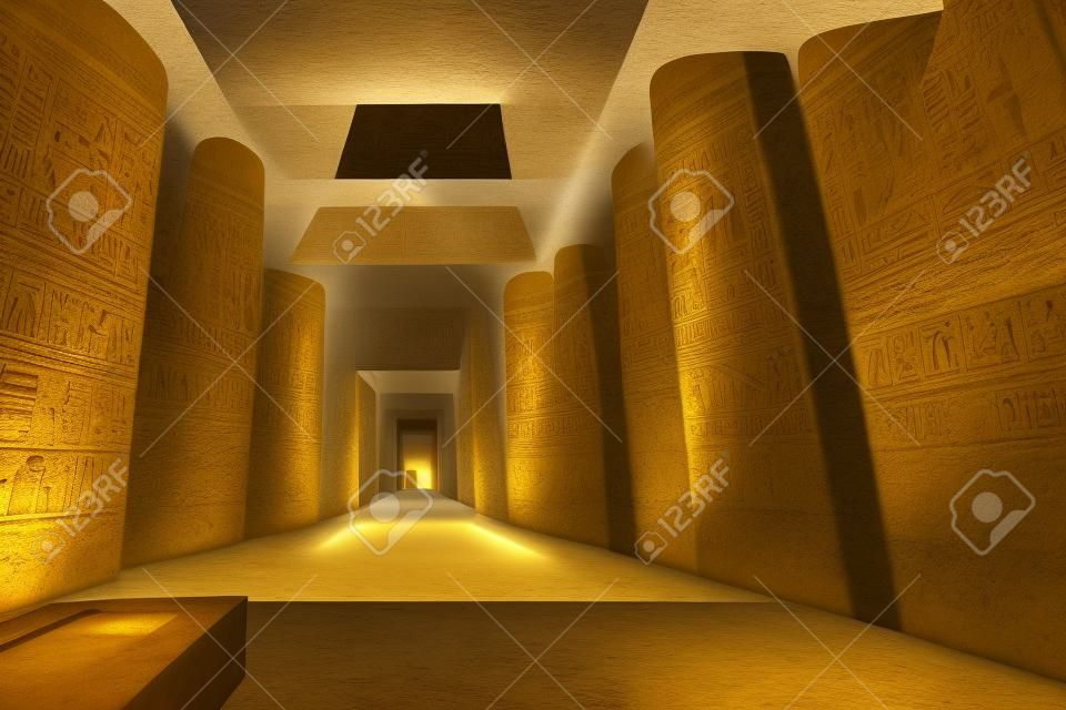 Corridors of the Giza pyramids illuminated by natural light falling from outside. Ancient hieroglyphs drawn on the interior walls. Prehistoric civilisation interiors and structures in a concept art