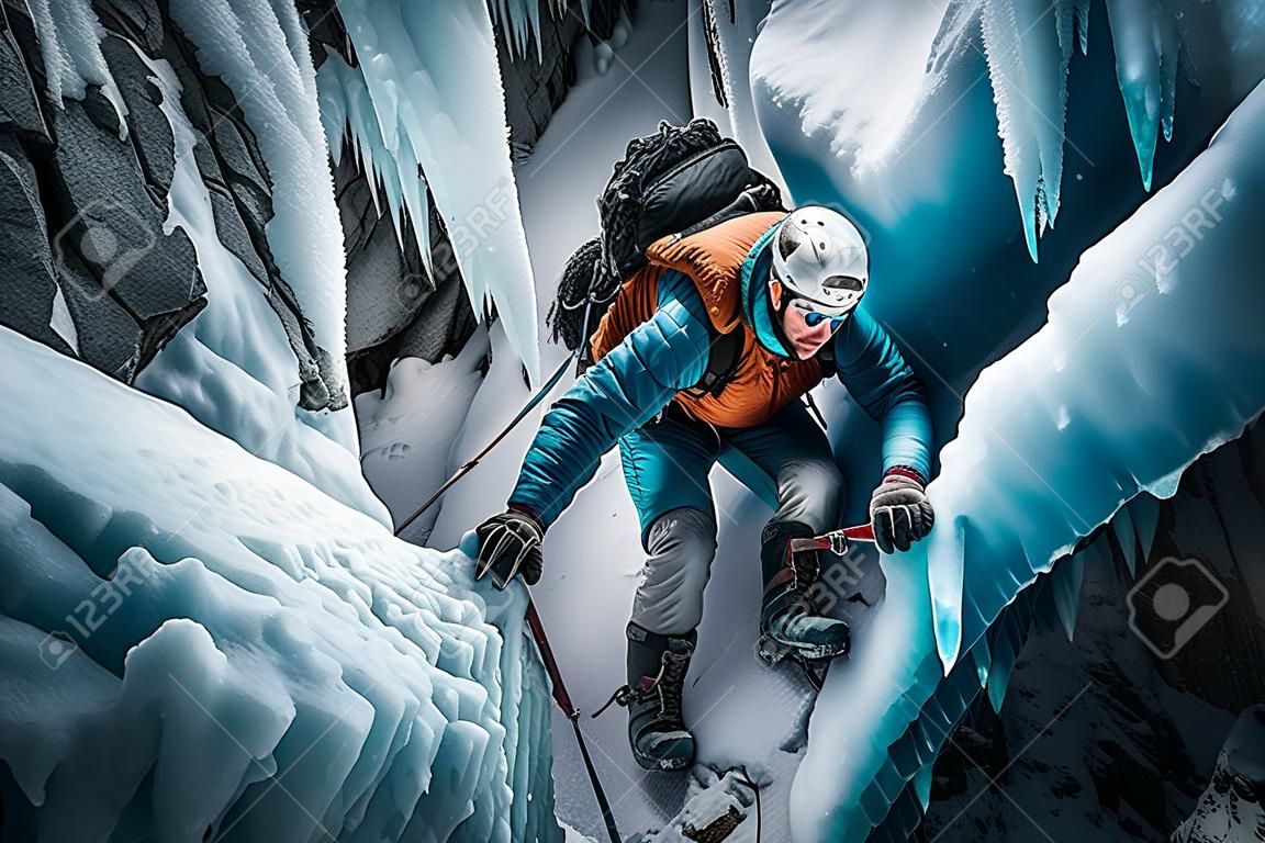 Illustration eines Eiskletterers, der Spitzhacken verwendet, um einen Berg zu besteigen