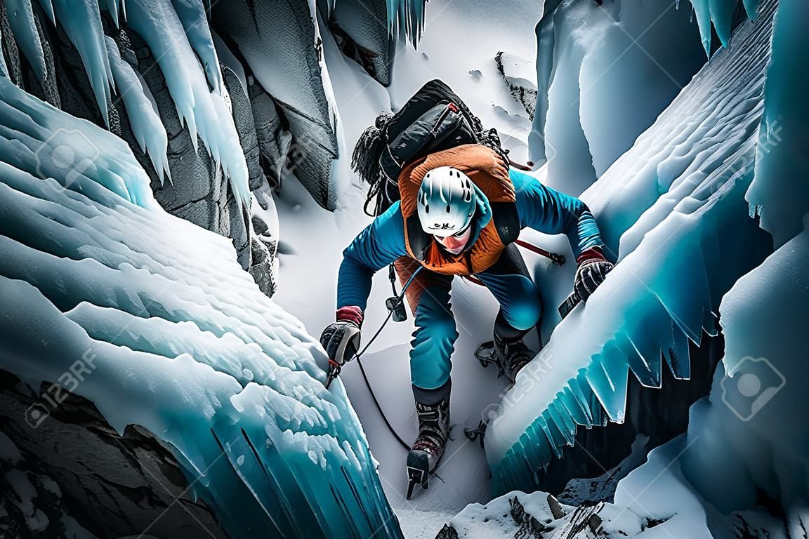 Illustration eines Eiskletterers, der Spitzhacken verwendet, um einen Berg zu besteigen