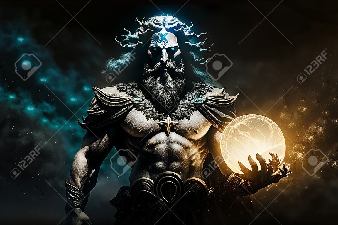 Mythological Greek god of darkness Erebus surrounded by the universe holding a star. Primordial deity Erebos in place between earth and Hades. A powerful divine night entity.