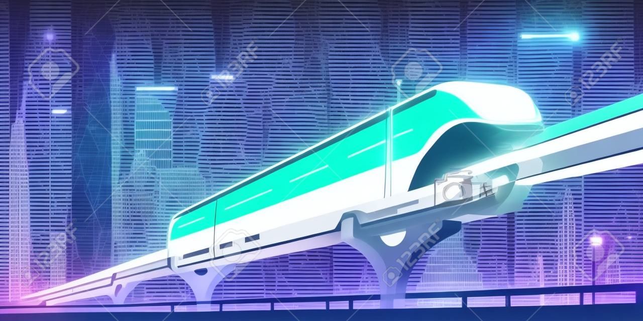 Futuristic monorail above a metropolis. The future of city transportation in an urban neon lit smart city illustration generative ai