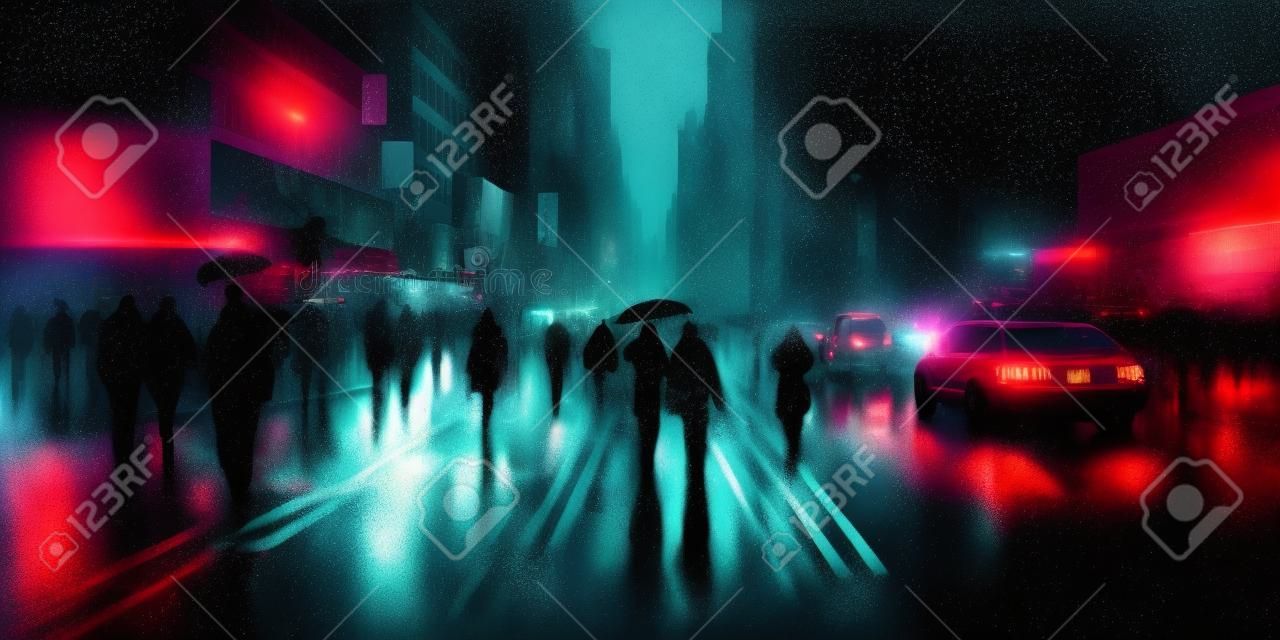 Panoramic illustration of a NYC street at night in the rain. Silhouette of a person with an umbrella surrounded by street lights. Cinematic New York city artwork with road reflections. generative ai