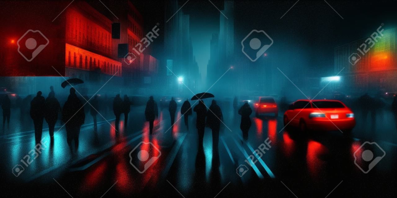 Panoramic illustration of a NYC street at night in the rain. Silhouette of a person with an umbrella surrounded by street lights. Cinematic New York city artwork with road reflections. generative ai