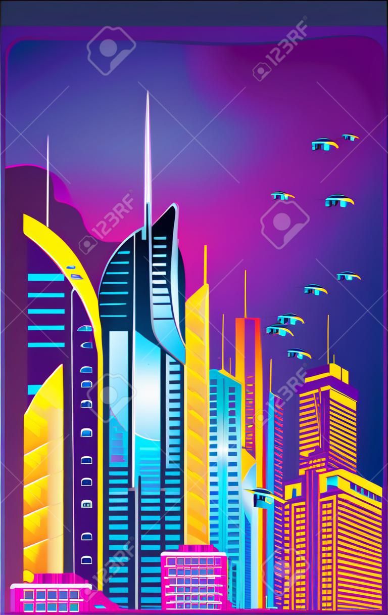 Ville fantastique dans le style du cyberpunk. Illustration vectorielle dans un style rétro aux couleurs néon. Ville de nuit du futur. Modèle de bannière.