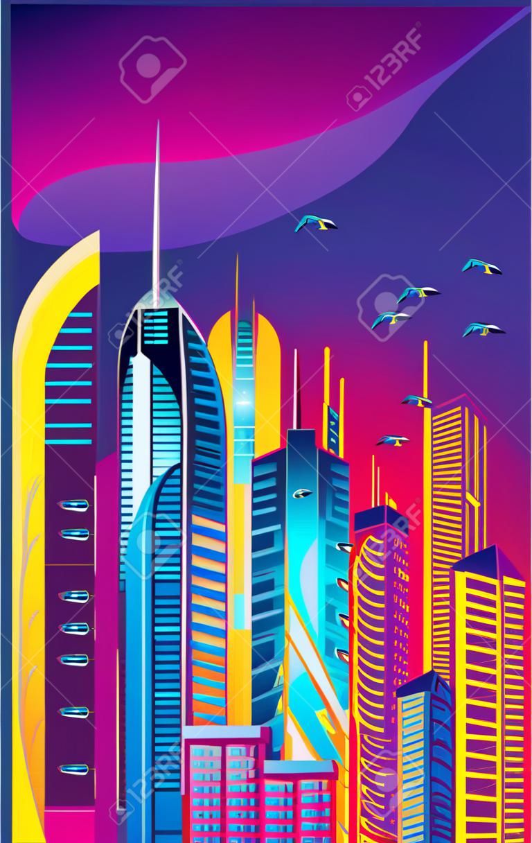 Città fantastica in stile cyberpunk. Illustrazione vettoriale in stile retrò in colori al neon. Città notturna del futuro. Modello di banner.