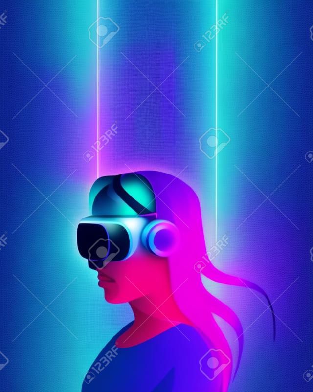 Uma menina em óculos de realidade virtual estuda matrizes de dados. Ilustração vetorial em cores neon. Modelo de cartaz no estilo cyberpunk.