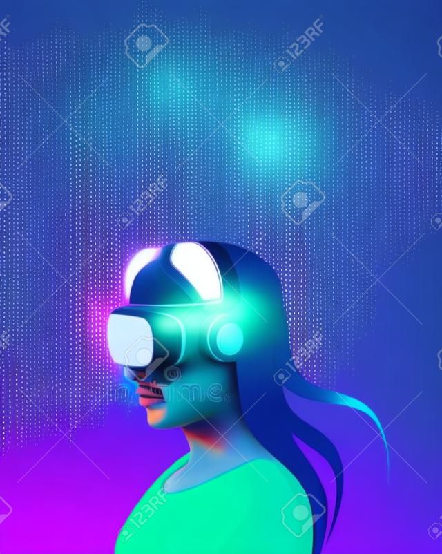 Uma menina em óculos de realidade virtual estuda matrizes de dados. Ilustração vetorial em cores neon. Modelo de cartaz no estilo cyberpunk.
