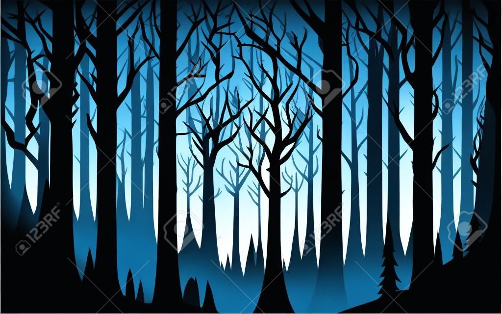 Image d'arrière-plan vectorielle qui dépeint l'esprit d'halloween à travers une représentation minimaliste mais évocatrice d'une forêt hantée, utilisant des lignes épurées et une palette de couleurs sombres pour représenter des arbres ombragés, des yeux brillants et des personnages mystérieux en capes, capturant l'allure étrange de la nuit d'halloween.