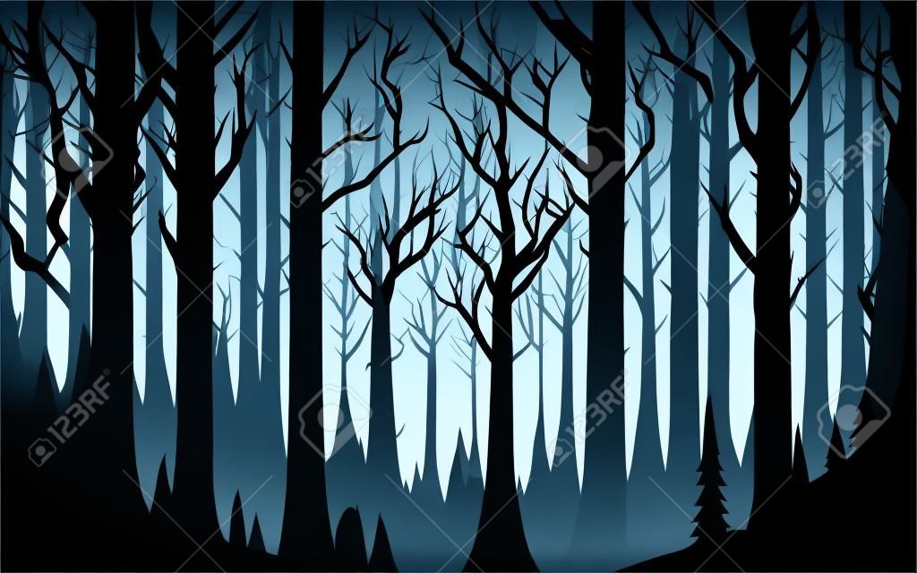 Image d'arrière-plan vectorielle qui dépeint l'esprit d'halloween à travers une représentation minimaliste mais évocatrice d'une forêt hantée, utilisant des lignes épurées et une palette de couleurs sombres pour représenter des arbres ombragés, des yeux brillants et des personnages mystérieux en capes, capturant l'allure étrange de la nuit d'halloween.